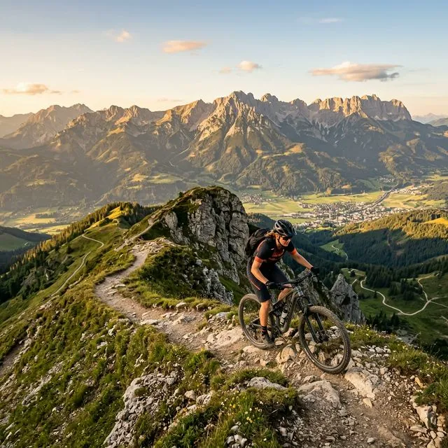 Mountainbiker auf einem Panoramatrail in den Alpen