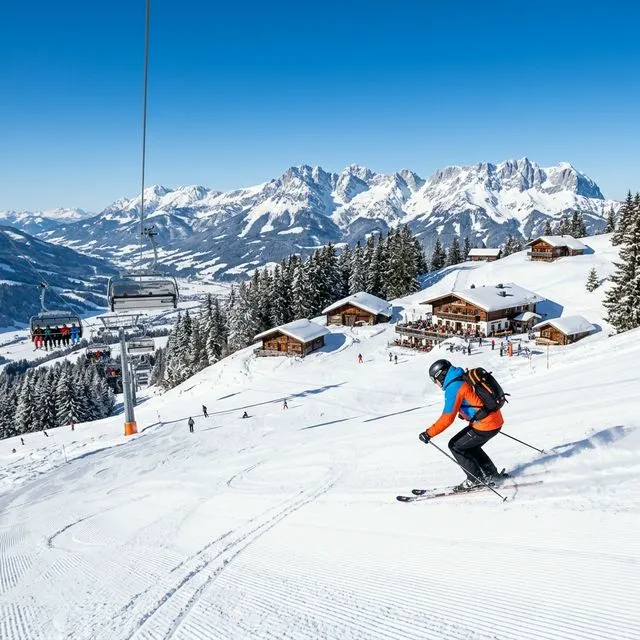 Skifahrer auf einer sonnigen Piste in St. Johann in Tirol